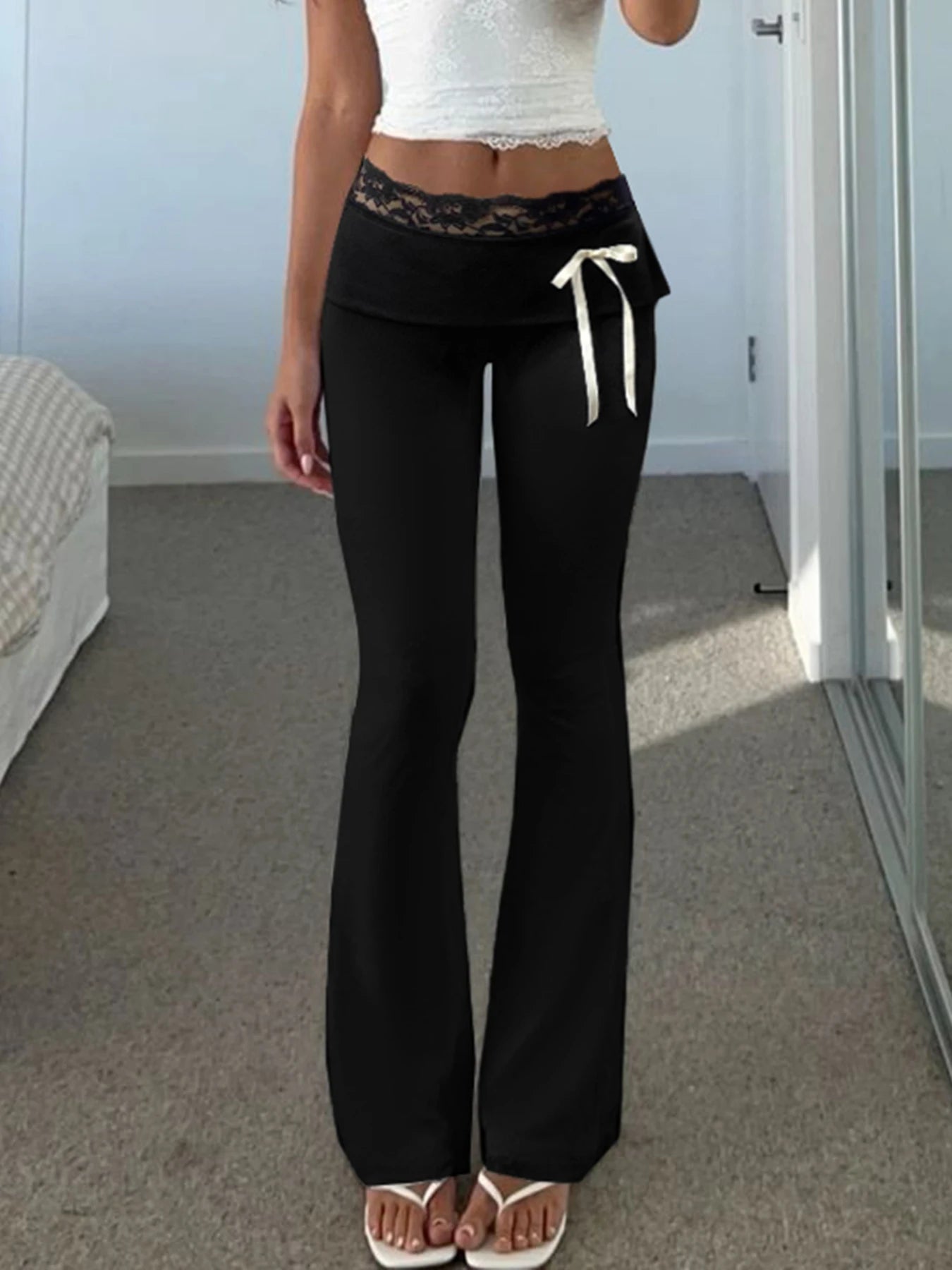 Solid Lace Trim High Waist Flared Pants Hotsweet Y2k Women s Trendy Basic Fashion Trousers Casual