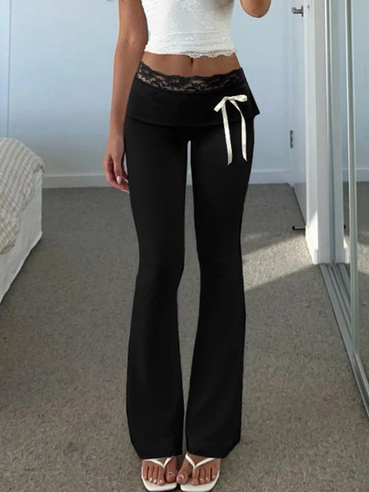 Solid Lace Trim High Waist Flared Pants Hotsweet Y2k Women s Trendy Basic Fashion Trousers Casual