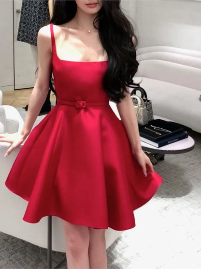 Elegant Short Dresses for Women Summer New Solid Spaghetti Strap A-line Evening Party Dress Prom Chic Clothing Vestidos Mujer
