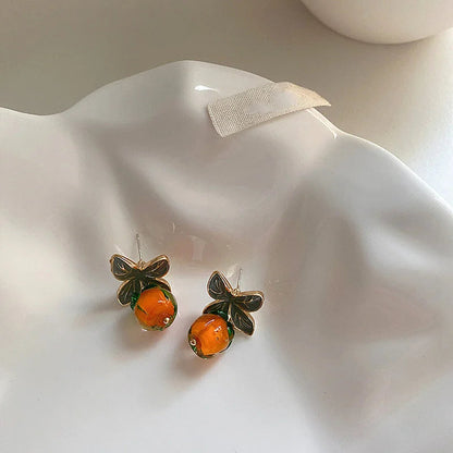 LIZAKOSHT Enamel Resin Persimmon Drop Earrings with Green Leaves for Women