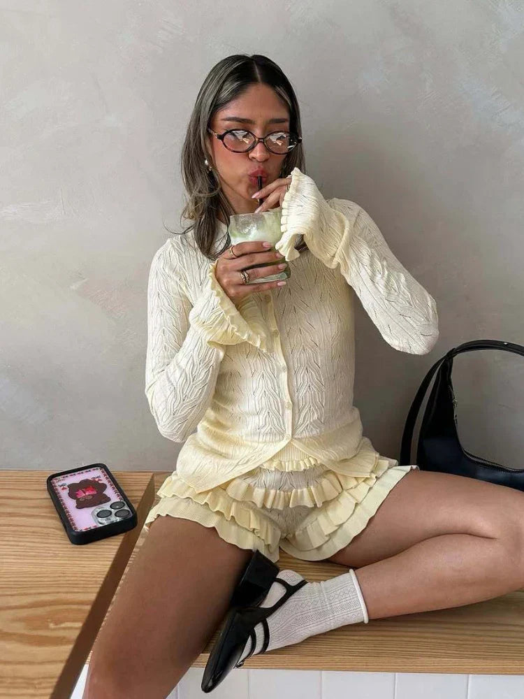 White Ruffles Knit Short Two Piece Sets Spring Summer Long Sleeve Cardigan Short Sets Y2K Fashion Holidays Matching Sets 2025