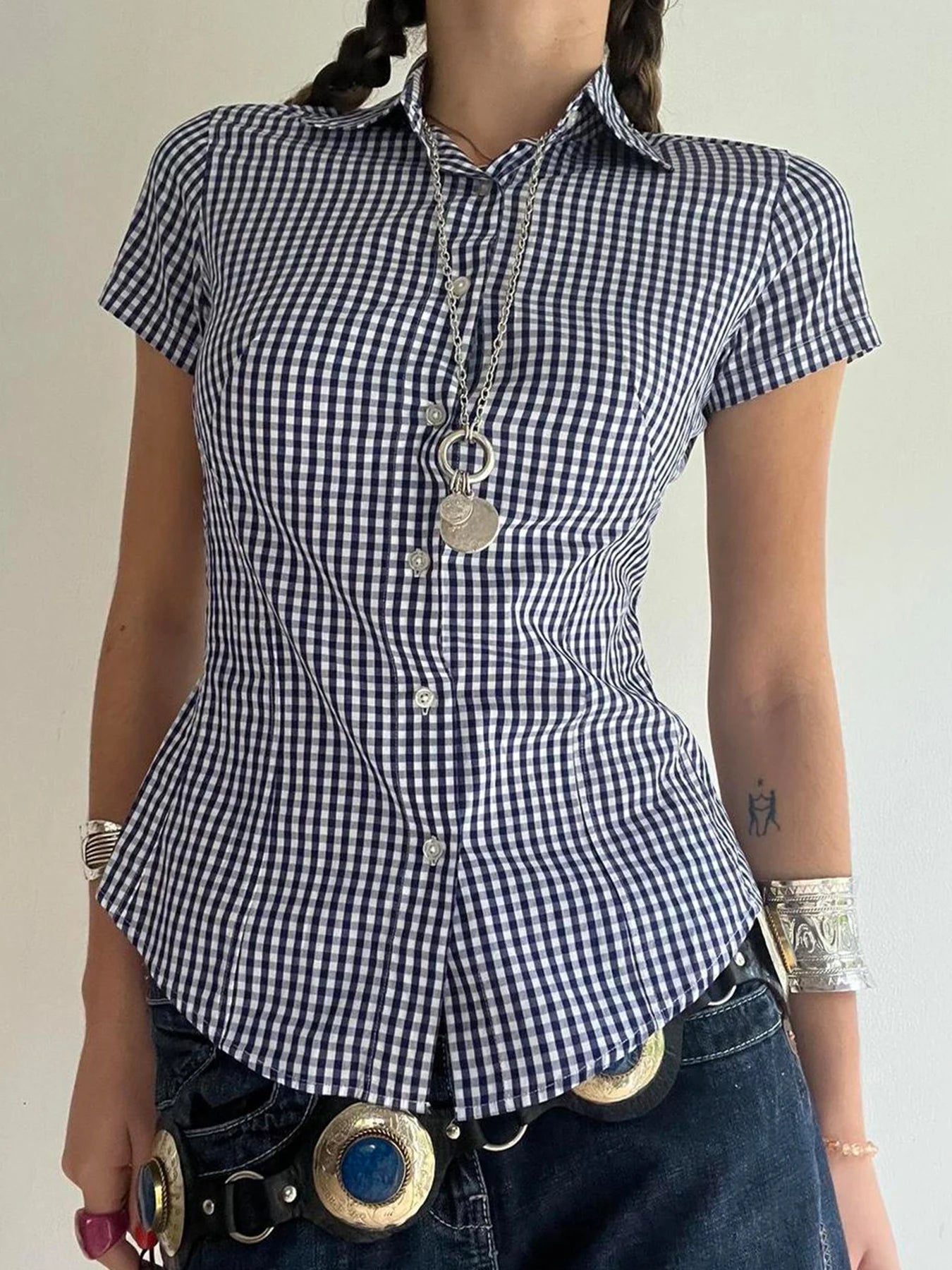 American Retro Casual Short Sleeve Plaid Shirts For Women Button Up Turn Down Collar Summer Spring Preppy Tops