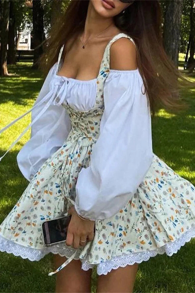 Lace Patchwork Square Collar Mini Dress