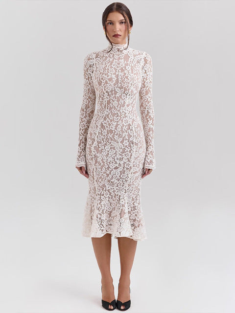 Elegant Lace Long Sleeve Bodycon Party Evening Dress Women 2025 New Autumn/Winter Tight Half High Neck Fishtail Dress