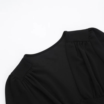 Sexy Low Cut Long Sleeve Pleated Mini Dress Women Elegant Wrap Waist Slim Party Vestido Spring Fall Harajuku Y2K Clothes