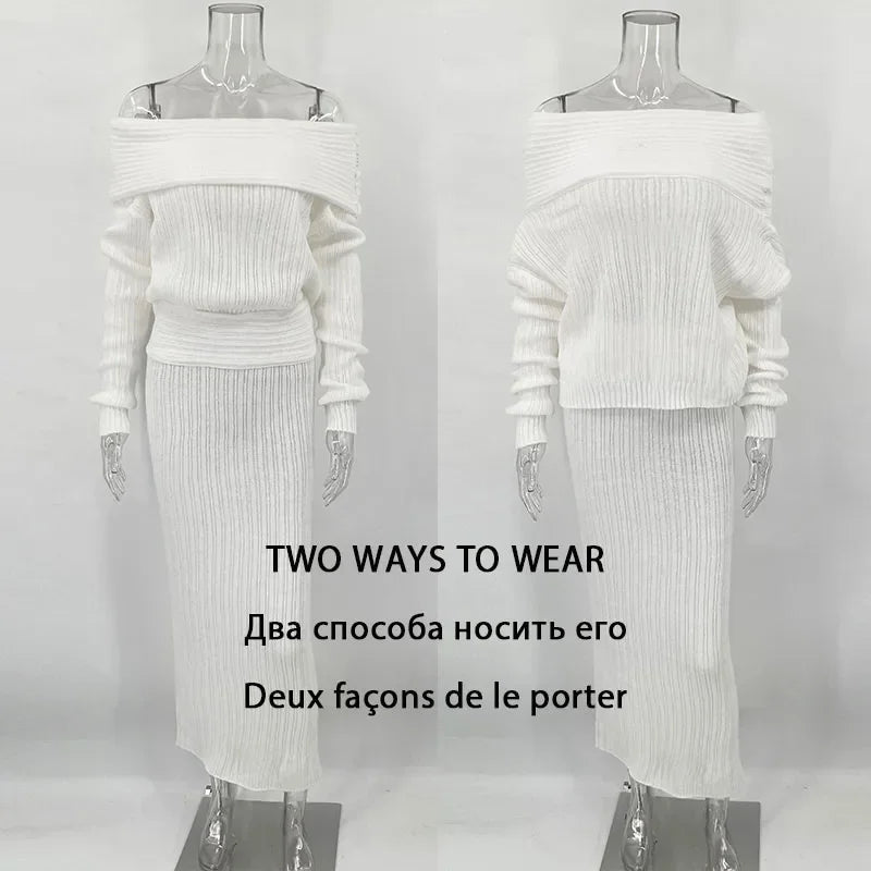 Knitted Skirt 2 Piece Set Women&#8217;s One-Shoulder Long Sleeves Sweater Pullover Elegant Slim Fit Long Skirt Suit Autumn New