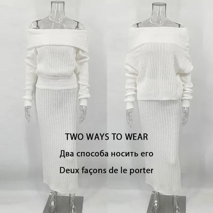 Knitted Skirt 2 Piece Set Women&#8217;s One-Shoulder Long Sleeves Sweater Pullover Elegant Slim Fit Long Skirt Suit Autumn New