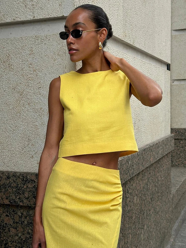 Linen Vest Suit Fashionable Round Neck Sleeveless Top And Side Slit Long Skirt Two Pieces Set Slim Casual Solid Color
