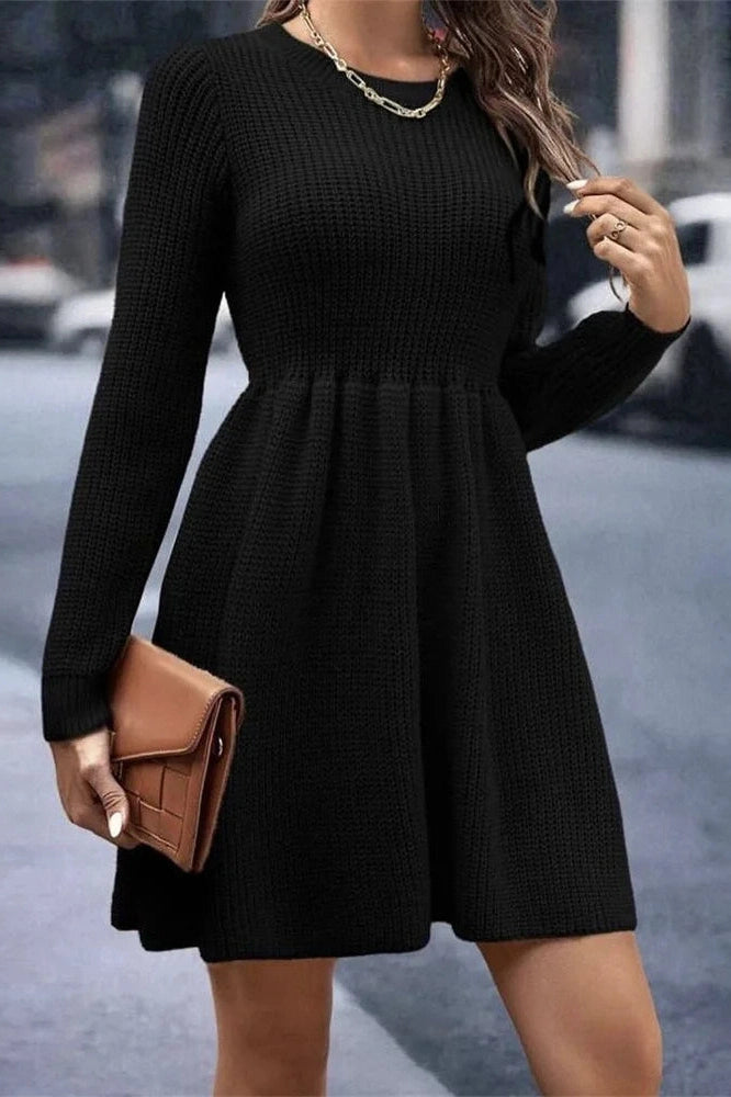 Pleated Long Sleeve Mini Dress with High Waist