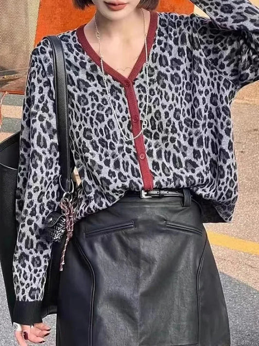 Knitted Sweaters for Women Fashion Vintage Long Sleeve Jumpers New Autumn Winter Leopard Loose Single Breasted Cardigan
