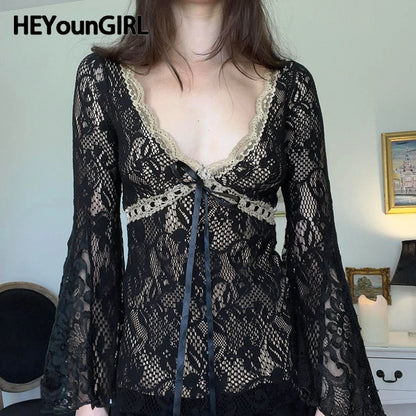 Elegant Lace V-neck Top Vintage Aesthetic Classic Style Long Sleeve Lace-up T-shirt Grunge Chic Sexy Tee Streetwear
