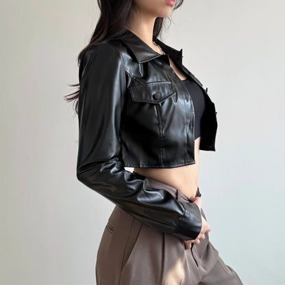 Button Detail Short Faux Leather Jacket