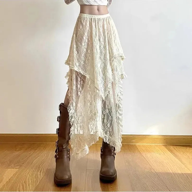 Y2K Lace Midi Skirts Women Vintage Aesthetic Asymmetrical Skirts Summer Harajuku Boho Vacation High Waist Chic A Line Faldas New