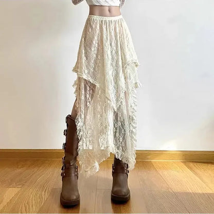 Y2K Lace Midi Skirts Women Vintage Aesthetic Asymmetrical Skirts Summer Harajuku Boho Vacation High Waist Chic A Line Faldas New