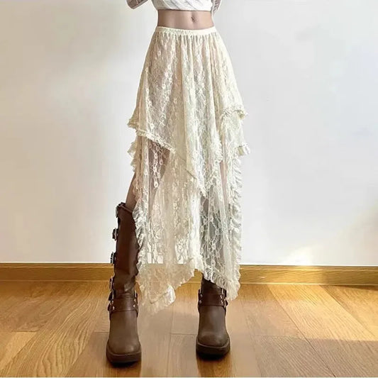 Y2K Lace Midi Skirts Women Vintage Aesthetic Asymmetrical Skirts Summer Harajuku Boho Vacation High Waist Chic A Line Faldas New