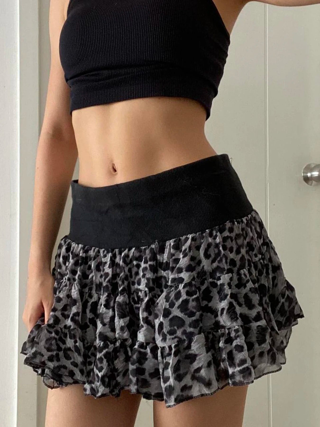 Y2k Leopard Contrast Patchwork Puff Skirt Women s Trendy Clothes All-Match Chiffon Mini Skirt Hotsweet