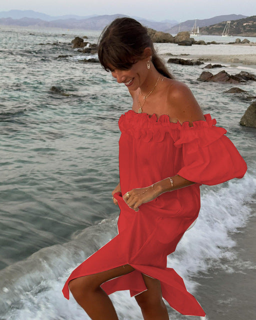 Summer Solid Color Slit Long Dresses Women Sexy Off Shoulder Backless Loose Beach Vacation Dress Fashion Casual Ladies Vestidos