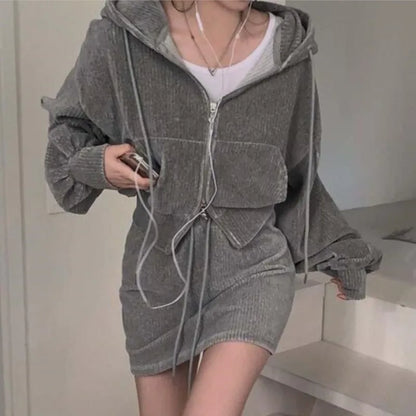 Korean CHic Corduroy Two-piece Skirt Sets Women Hoodie Crop Top Coats Bodycon Mini Skirt Autumn Winter New Outfits Casual Suit