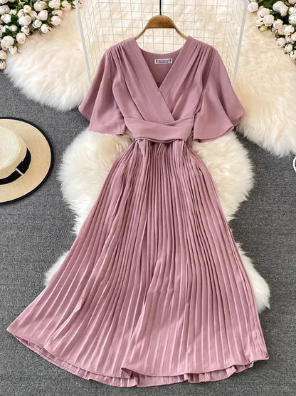 Women Elegant Pleated Dress Summer Short Sleeve V-neck Vintage Dresses Ladies A Line High Waisted Midi Dress