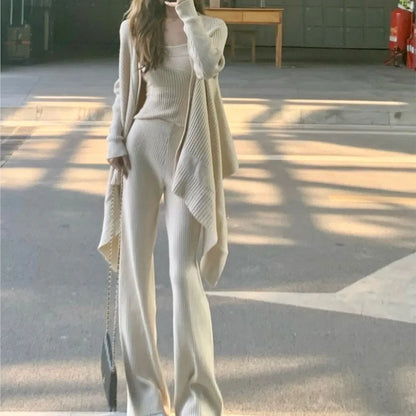 Autumn Winter Solid Knitted 3-piece Set Women Tank Top Long Pants Cardigan Sweater Pullover Korean Fashion Casual Outfits New