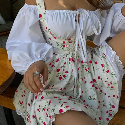 Puff Sleeve Suspender Dress Women Fake Two Pieces Flower Strapless Ruffles Splice Long Sleeve Lace Up Party Dress Summer