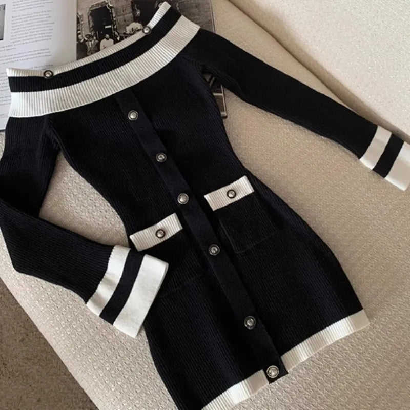 Elegant Slash Neck Knitted Dress Women Long Sleeve Bodycon Mini Dresses Korean Fashion Autumn Winter New Slim Casual Vestidos