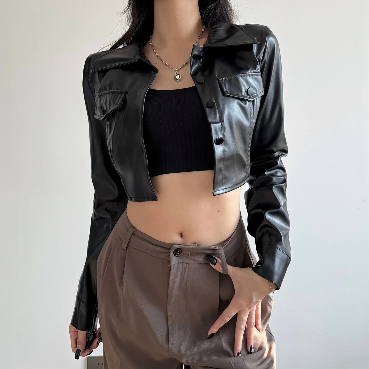 Button Detail Short Faux Leather Jacket