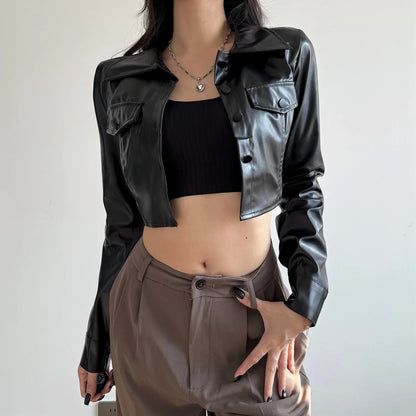 Button Detail Short Faux Leather Jacket