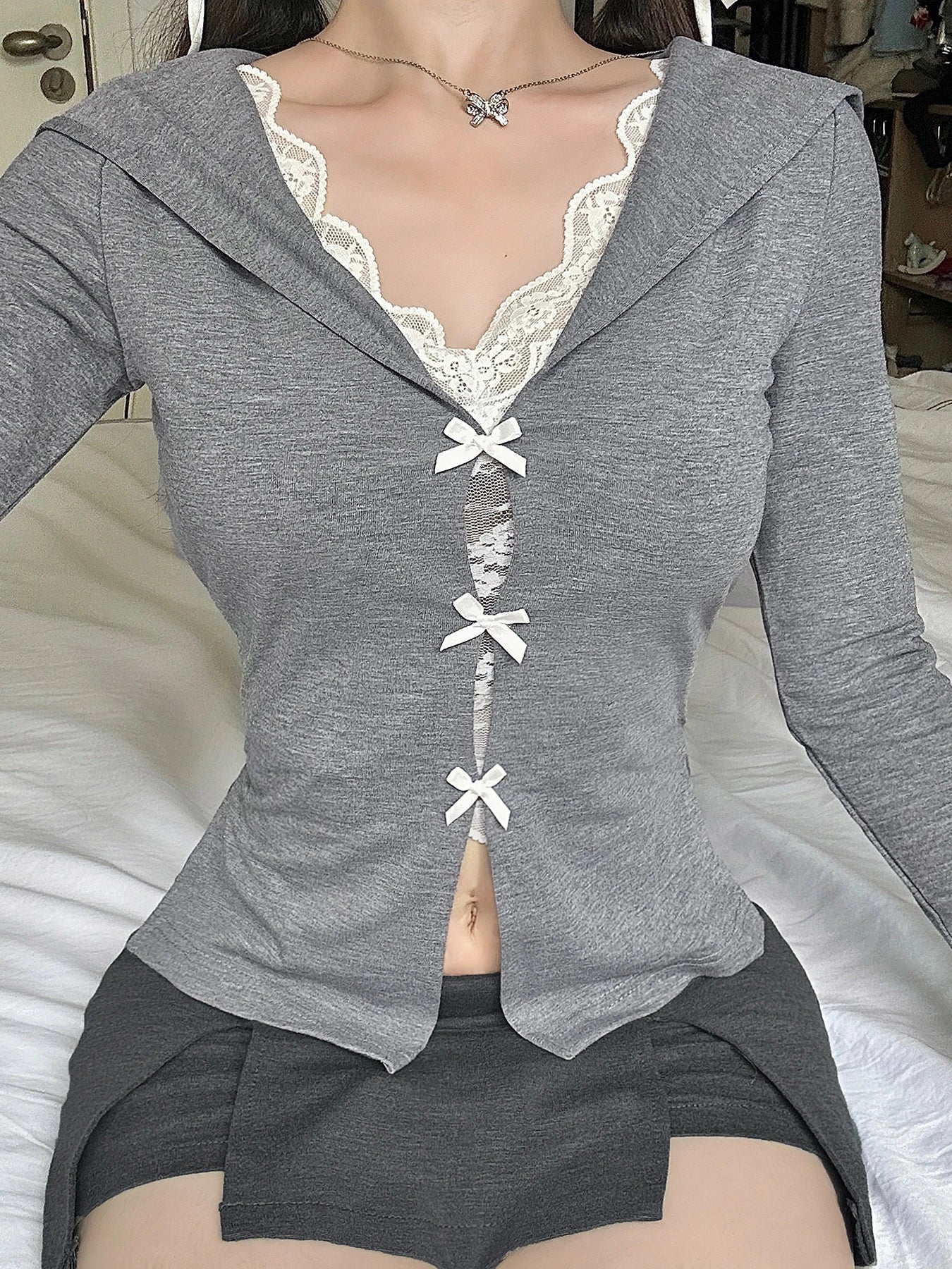 Sweet Korean Bowknot Sailor Collar Fake Two Piece Top Tees Women Long Sleeve Elegant Gentle Cardigan Autumn Trendy
