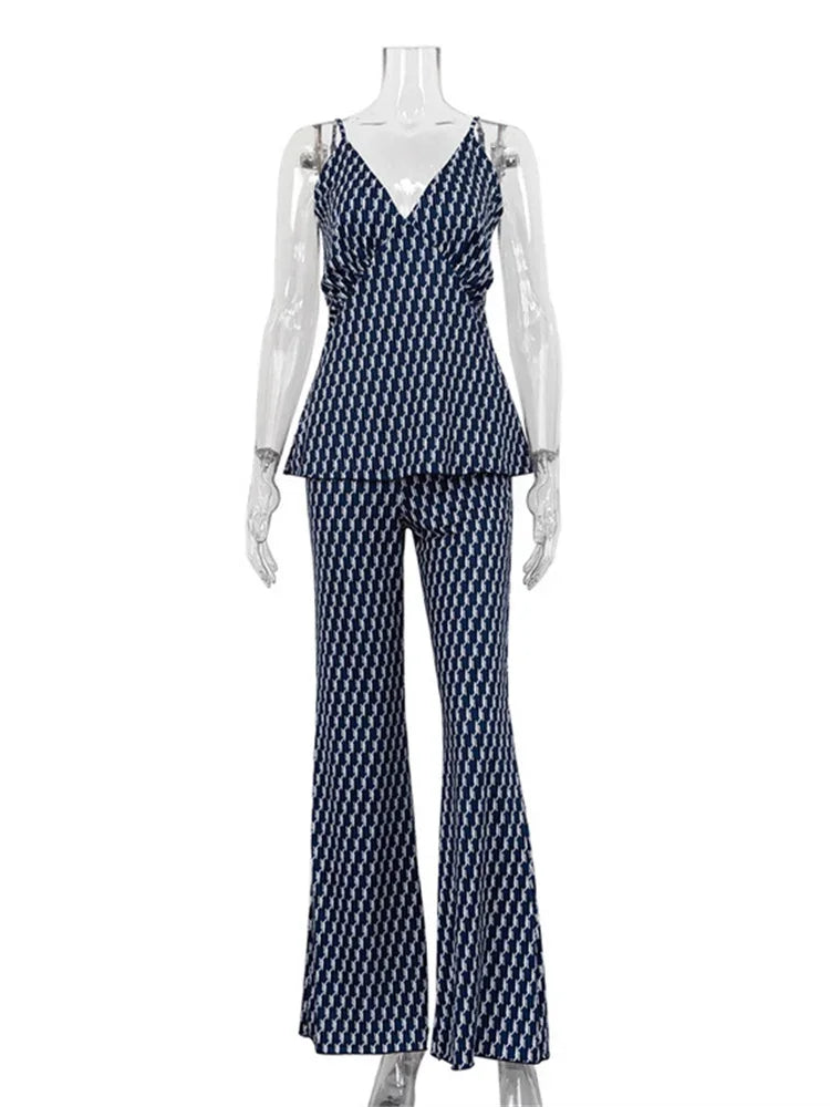 Printed Fashion Women’s Pants Outfits V-Neck Contrast Slim Pullover And Wide Leg Trousers 2 Piece-Set Clothes Casual Sets