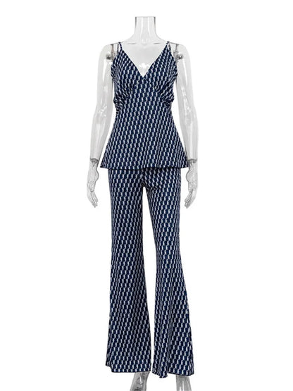 Printed Fashion Women’s Pants Outfits V-Neck Contrast Slim Pullover And Wide Leg Trousers 2 Piece-Set Clothes Casual Sets