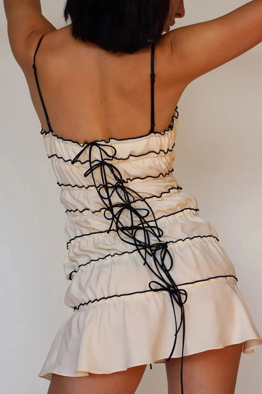 Pleated Mini Dress with Spaghetti Straps and See-Through Detail