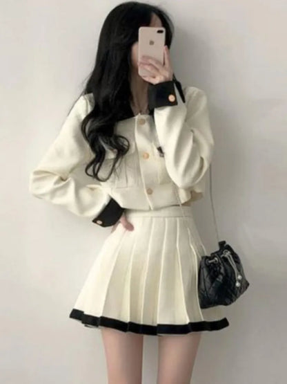 Korean Chic Two-piece Skirt Sets Patchwork Long Sleeves Cropped Top High Waist Pleated Mini Skirt Autumn Winter Y2K New Outfits