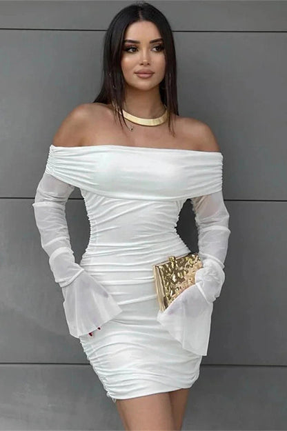 Off-Shoulder Pleated Mini Dress with See-Through Long Sleeves