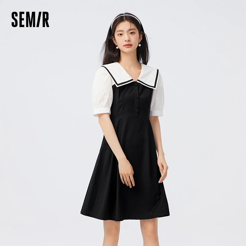 Dress Lapel College Style Short Skirt Playful Sweet Autumn Easy-to-Care Patchwork Little Black Dress