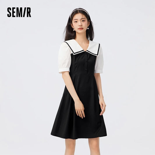 Dress Lapel College Style Short Skirt Playful Sweet Autumn Easy-to-Care Patchwork Little Black Dress