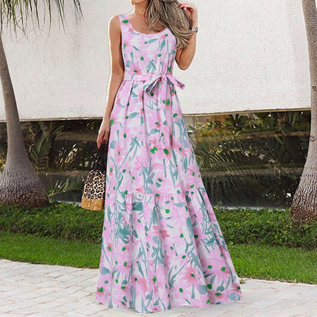 Summer Flower Print Sleeveless Long Dresses Women Elegant Casual Vacation Style Dress O Neck High Waist Leace-up Maxi Vestidos