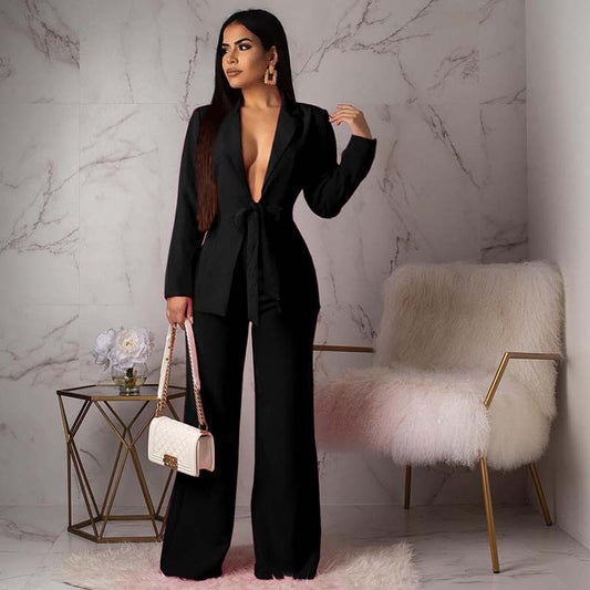 Conjunto de dos piezas de blazer y pantalón con escote en V profundo para mujer | Ideal para cualquier temporada