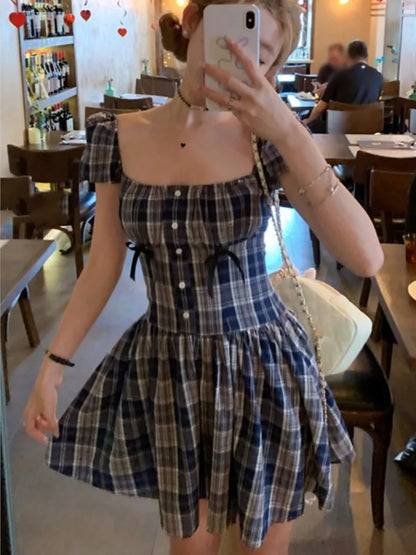 Y2K Plaid Short Dresses for Women Princess Birthday Party Dress Puff Sleeve Square Collar Bow Prom Summer Mini Vestidos Mujer