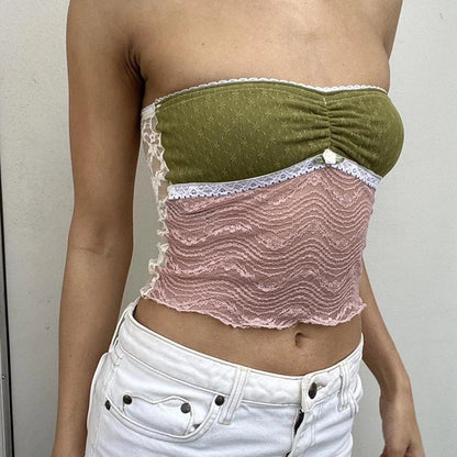 Lace Trim Sheer Mesh Strapless