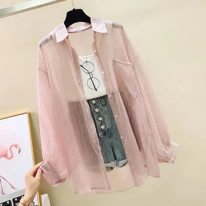 Women Elegant Long Sleeve Perspective Sheer Sunscreen Chiffon Blouse Korean Fashion Loose Shirt Women Summer Beach Cardigans