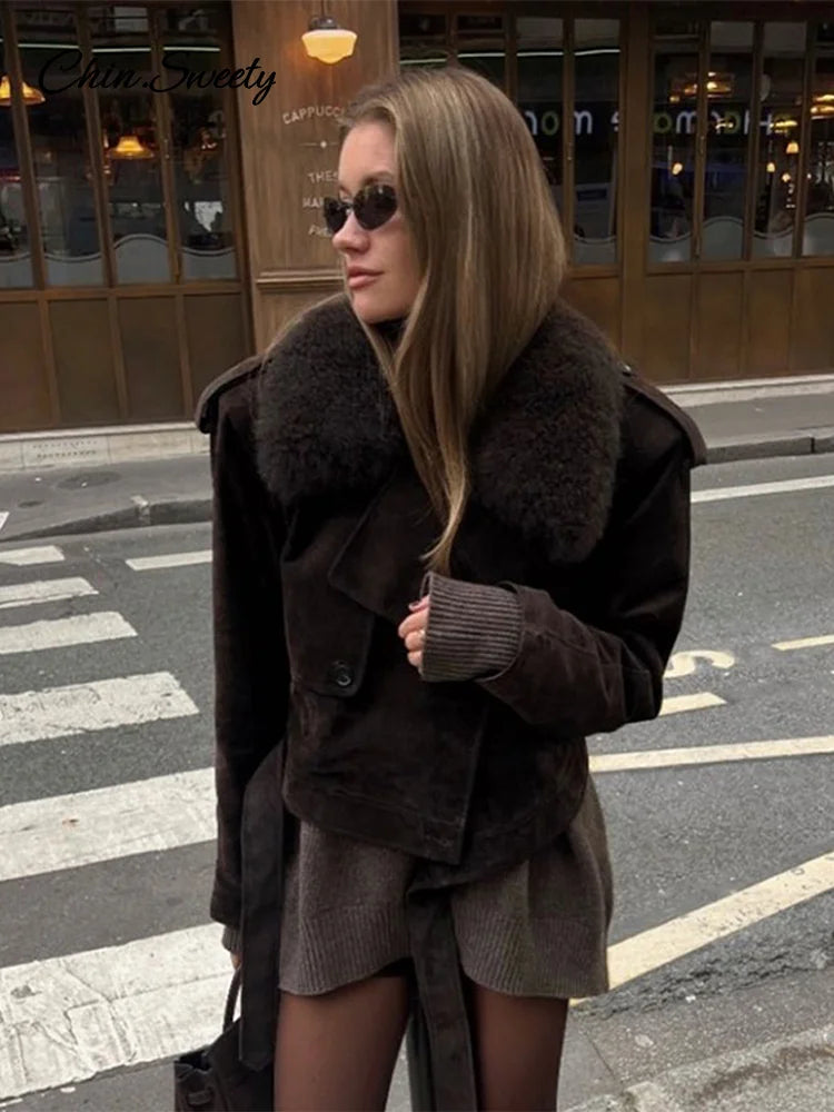 Vintage Cropped Suede Jacket Women Lapel Fur Collar Lace Up Long Sleeve Coat Female  Winter Fashion Lady High Street Outwear