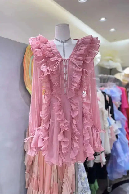 V-Neck Lace-Up Ruffled Mini Dress