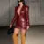 Sexy Burgundy Deep V Leather Mini Dress Women Lattice Shoulder Pads Long Sleeve High Waist Fold Dresses Lady Slim Short Robes