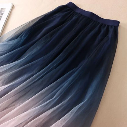 Gradient Tulle Midi Skirt Women Elegant Mesh Pleated Skirts Summer Korean Fashion High Waist Casual All Match A Line Skirt