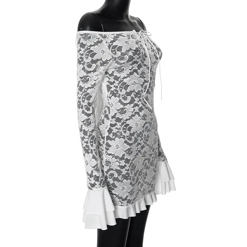 Long Sleeve Streetwear White Lace Dress For Women Slash Neck Outfits See Through Fashions Vestidos Elegantes Para Mujer Ruffles