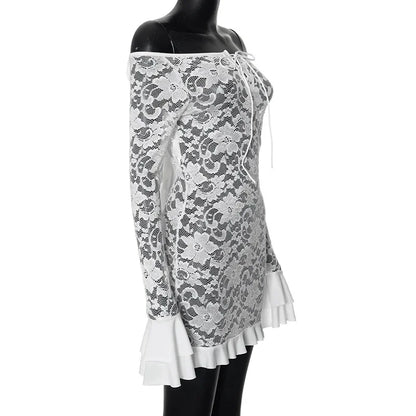 Long Sleeve Streetwear White Lace Dress For Women Slash Neck Outfits See Through Fashions Vestidos Elegantes Para Mujer Ruffles