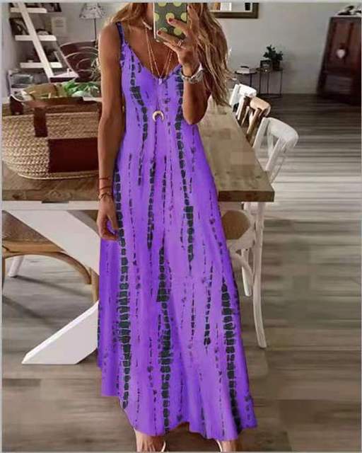 Casual Printed Maxi Spaghetti Strap Dresses For Women V-neck Backless A-line Long Dress Fashion Bohemian Style Beach Vestidos