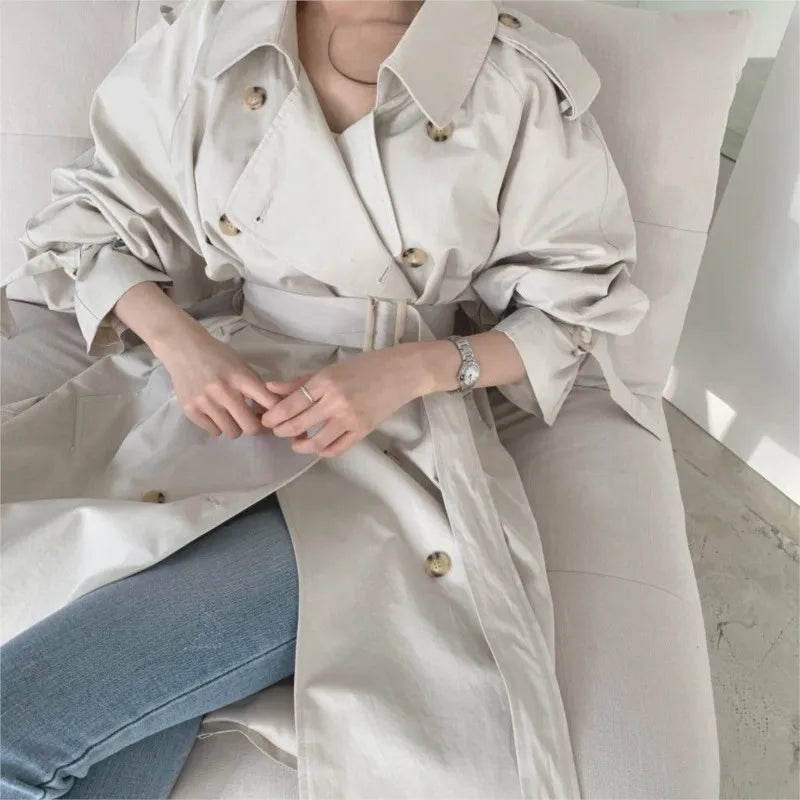 Women Long Trench Coat New Spring Autumn Casual Lapel Double Breasted with Belt Loose Coat Office Lady Korean Fashion Outerwear