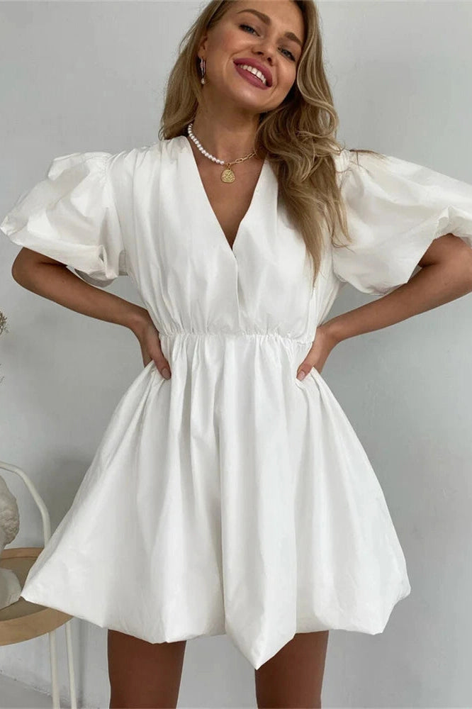 V-Neck High Waist Pleated Mini Dress with Short Sleeves